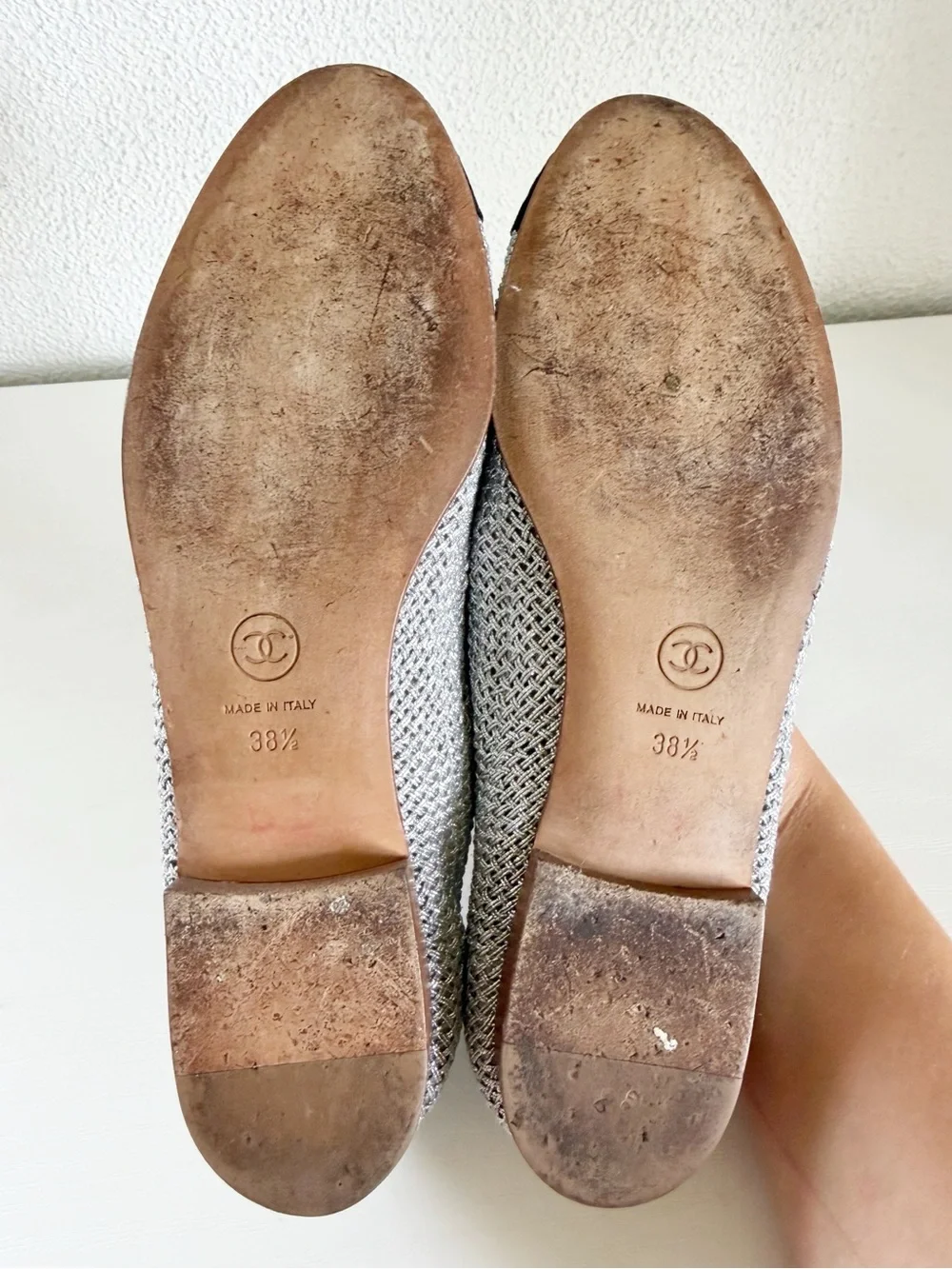 Chanel Metallic Silver Woven PVC Ballet Flats Black CC Cap Toe EU 38.5 US 8.5